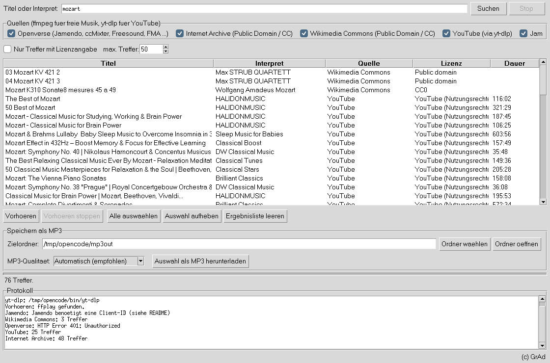 MP3-Downloader GUI mit Suchfeld, Quellenauswahl und Trefferliste
